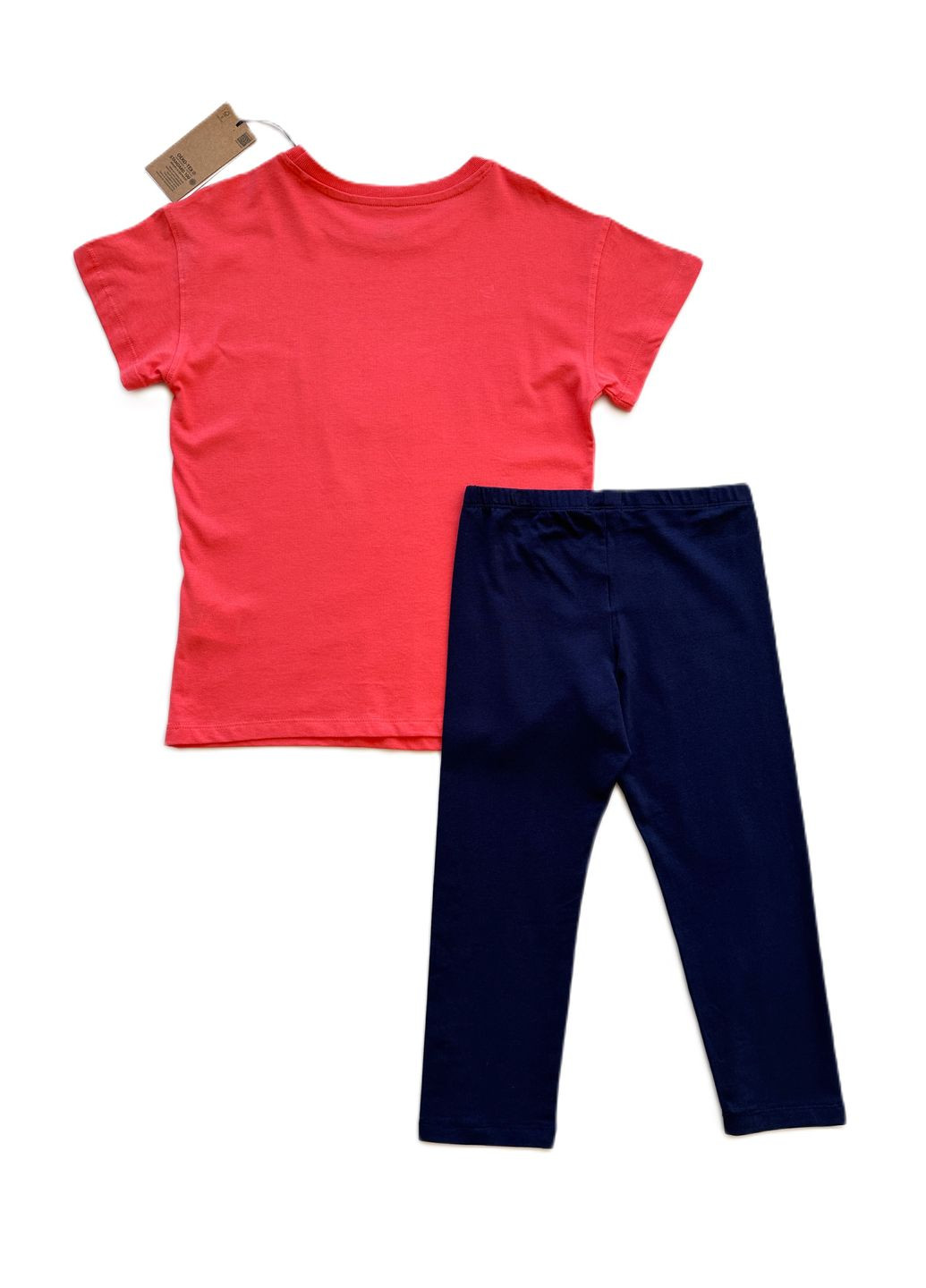 Коралловый летний комплект костюм для девочки футболка коралловая с яблоком + велосипедки темно-синие 2000-46 (140 см) OVS