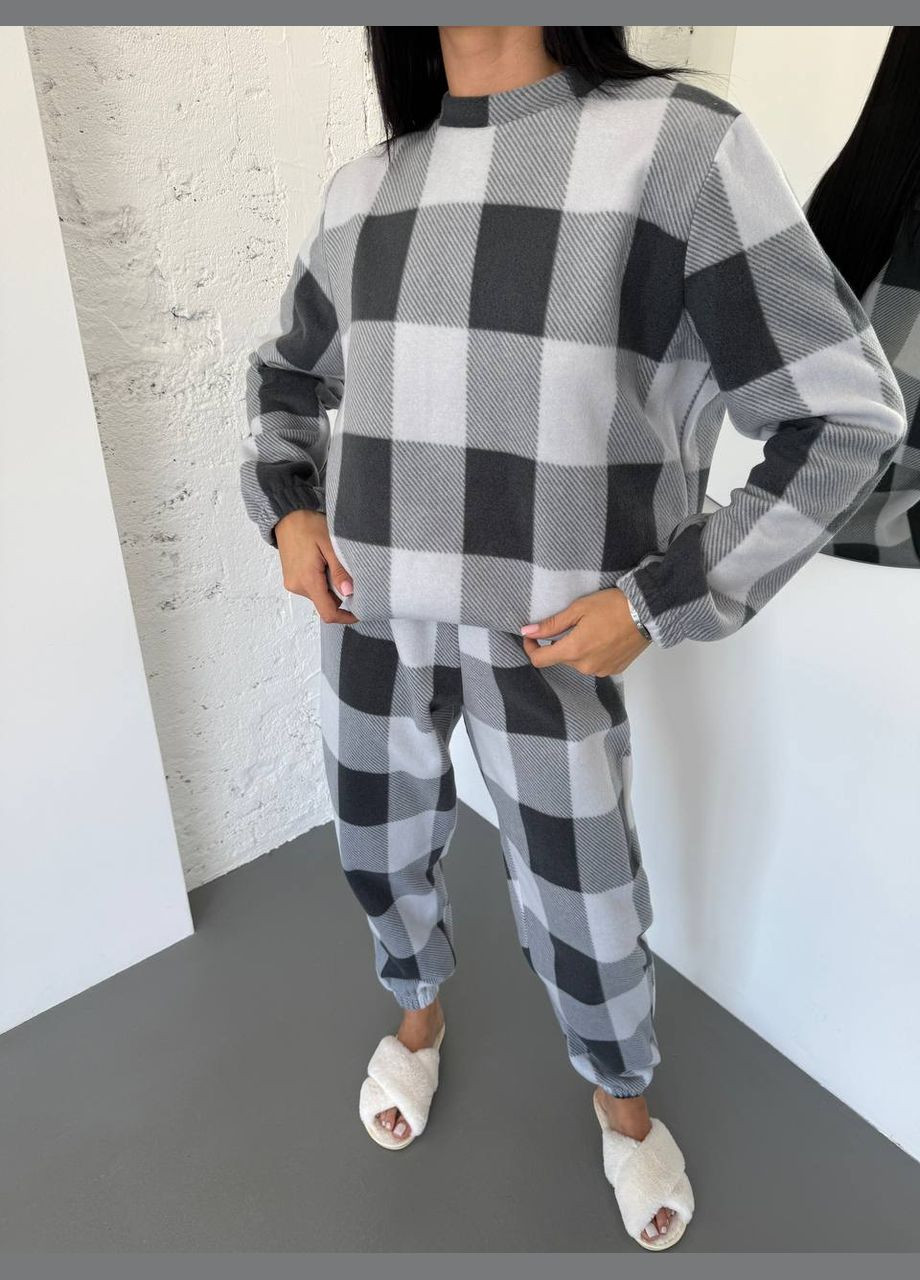 Графитовая всесезон теплая женская пижама двойка в клеточку свитшот + брюки No Brand