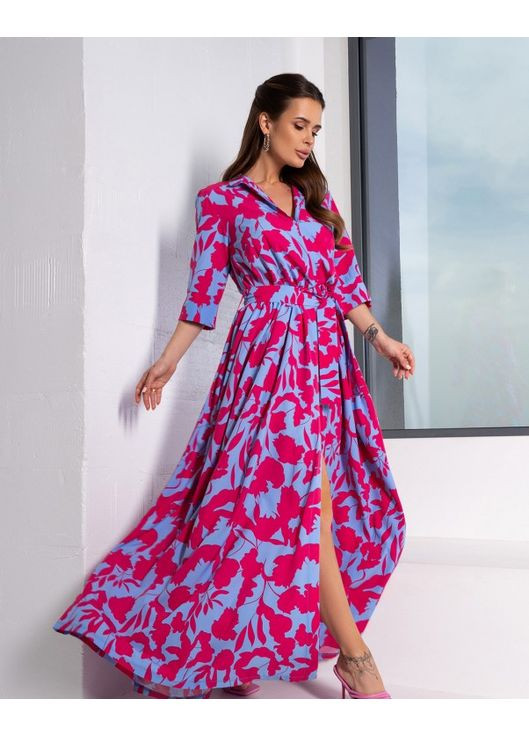 Блакитна повсякденний, кежуал довга сукня кльош ISSA PLUS з квітковим принтом