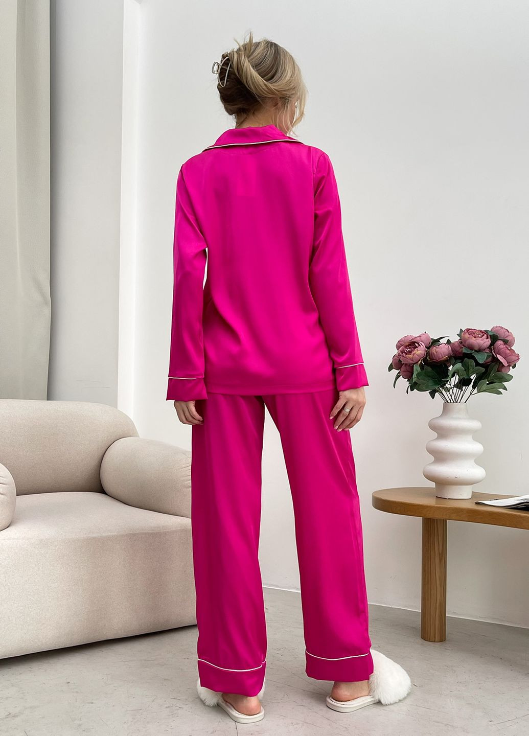 Малиновая всесезон шелковые пижамы женские с белым кантом (рубашка + штаны) рубашка + брюки No Brand