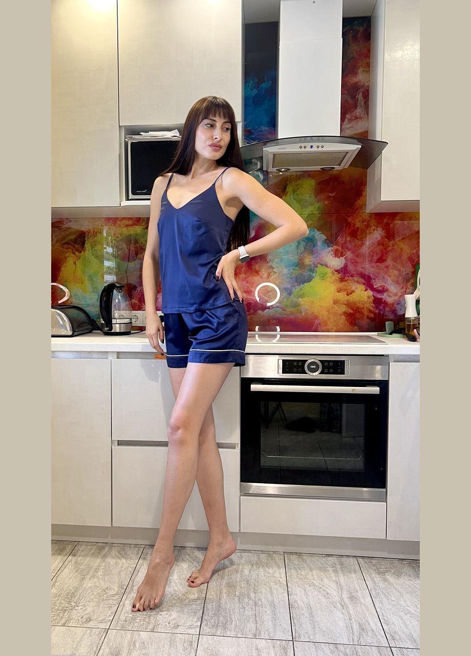 Синя всесезон жіночий шовковий домашній комплект/піжама — майка + шорти 2 Льва