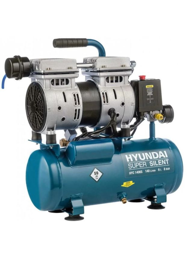 Компресор повітряний HYC 1406S (0.75 кВт, 140 л/хв, 6 л) безмасляний 2-циліндровий (26086) Hyundai (342758918)