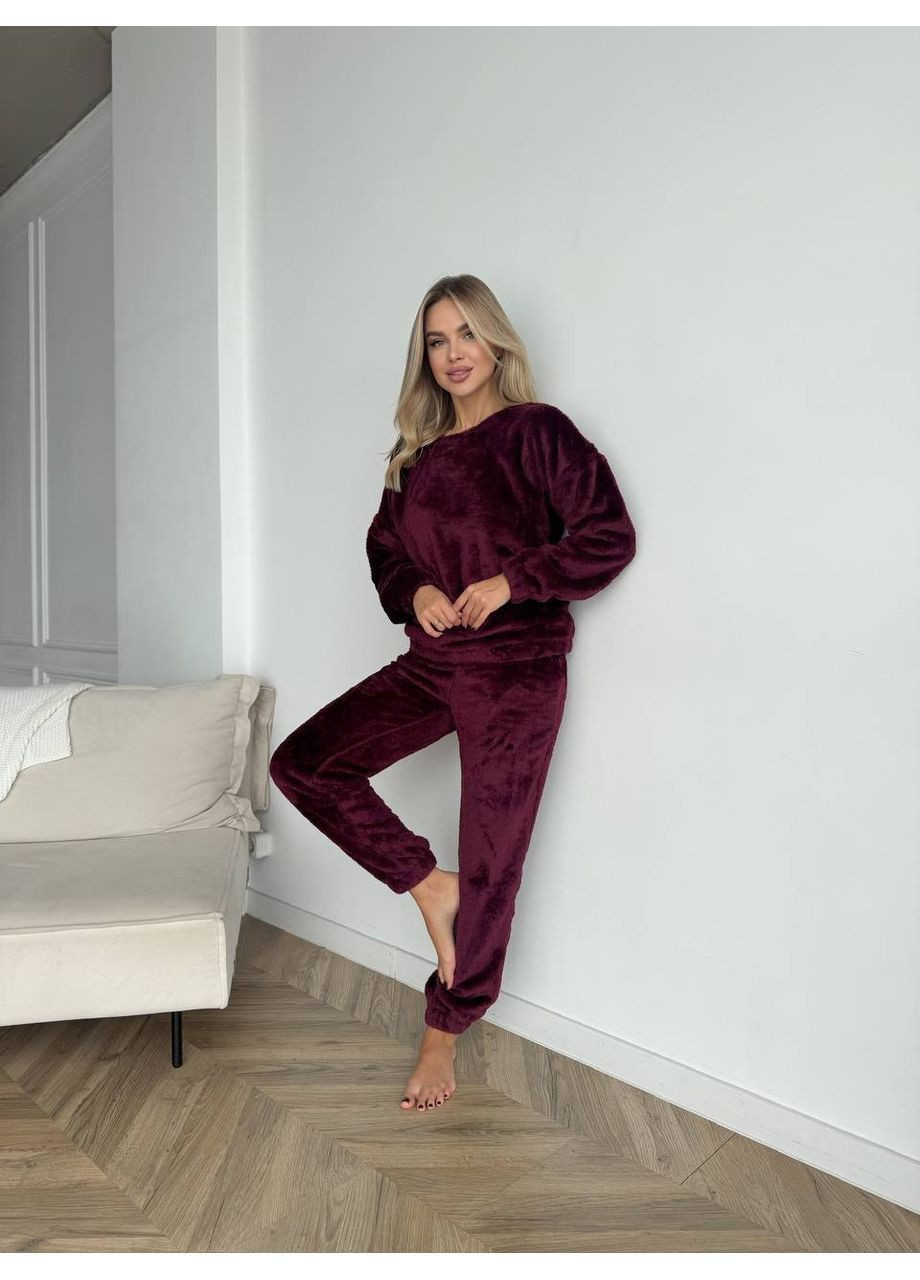 Темно-бордовая зимняя женская пижама теплая свитшот + брюки No Brand