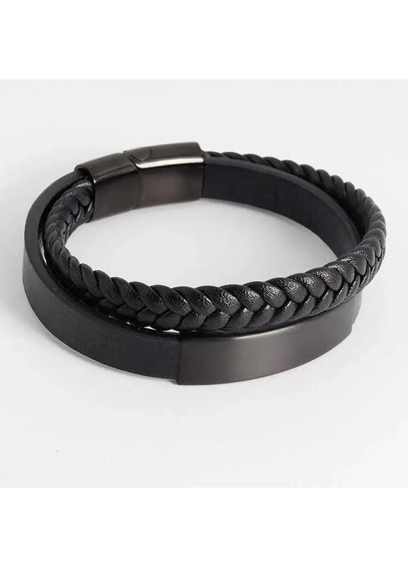 Кожаный мужской браслет черный из кожи и стали 20 см No Brand (298409296)