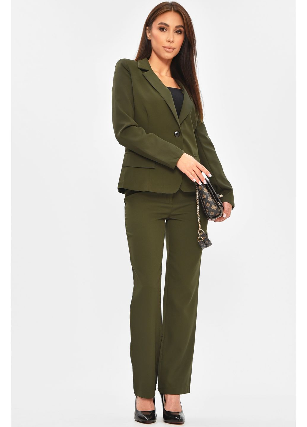 Костюм жіночий однотонний темно-зеленого кольору Let's Shop (364117567)