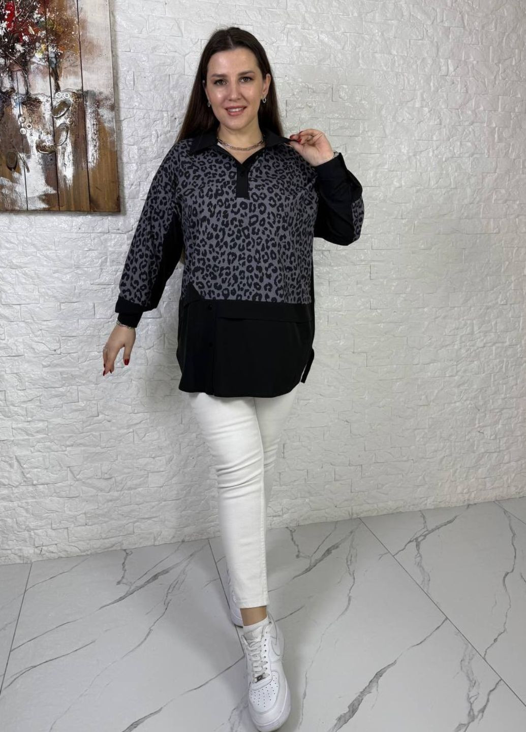Черная повседневный рубашка леопардовый Україна с длинным рукавом