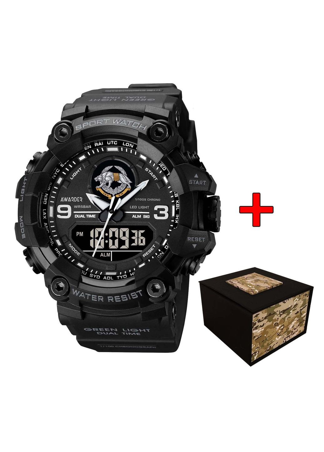 Годинник спортивний армійський кварцовий чорний з будильником і секундоміром для чоловіків ProDobro (367267504)
