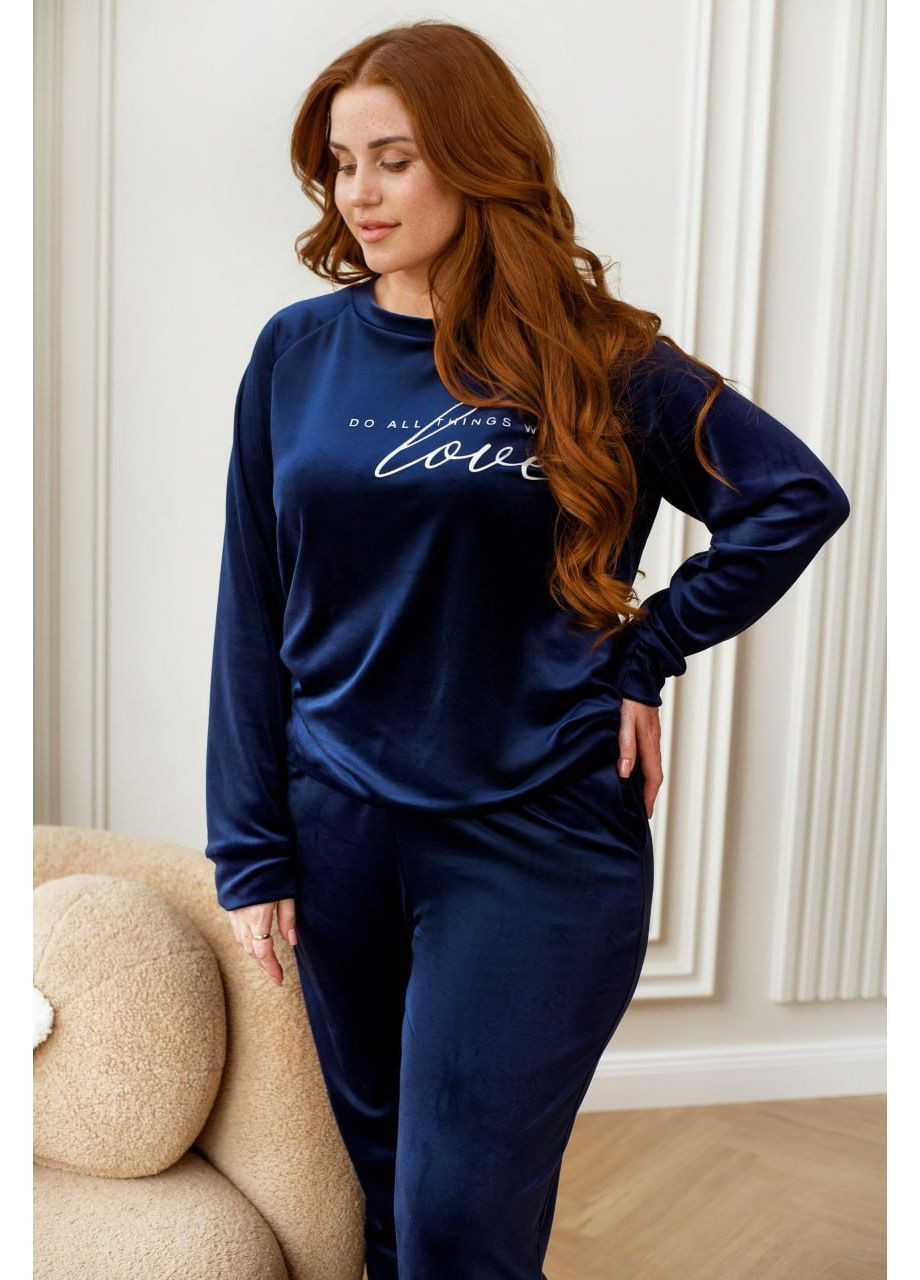 Темно-синя жіночий велюровий домашній костюм/піжама Osoblyva
