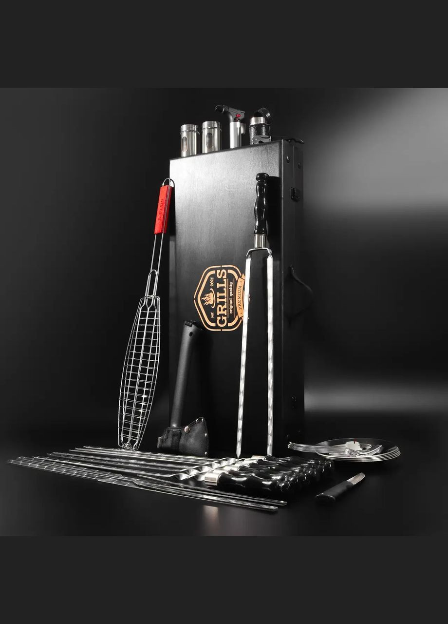 Шашличний набір-комплект з столиком на 6 шампурів "Grills " Чорний | 30 предметів Handmade G16 (342745322)
