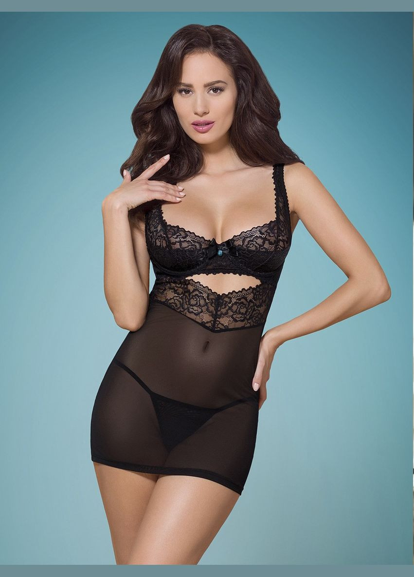 Черный демисезонный комплект пеньюар 867-che-1 и стринги Obsessive