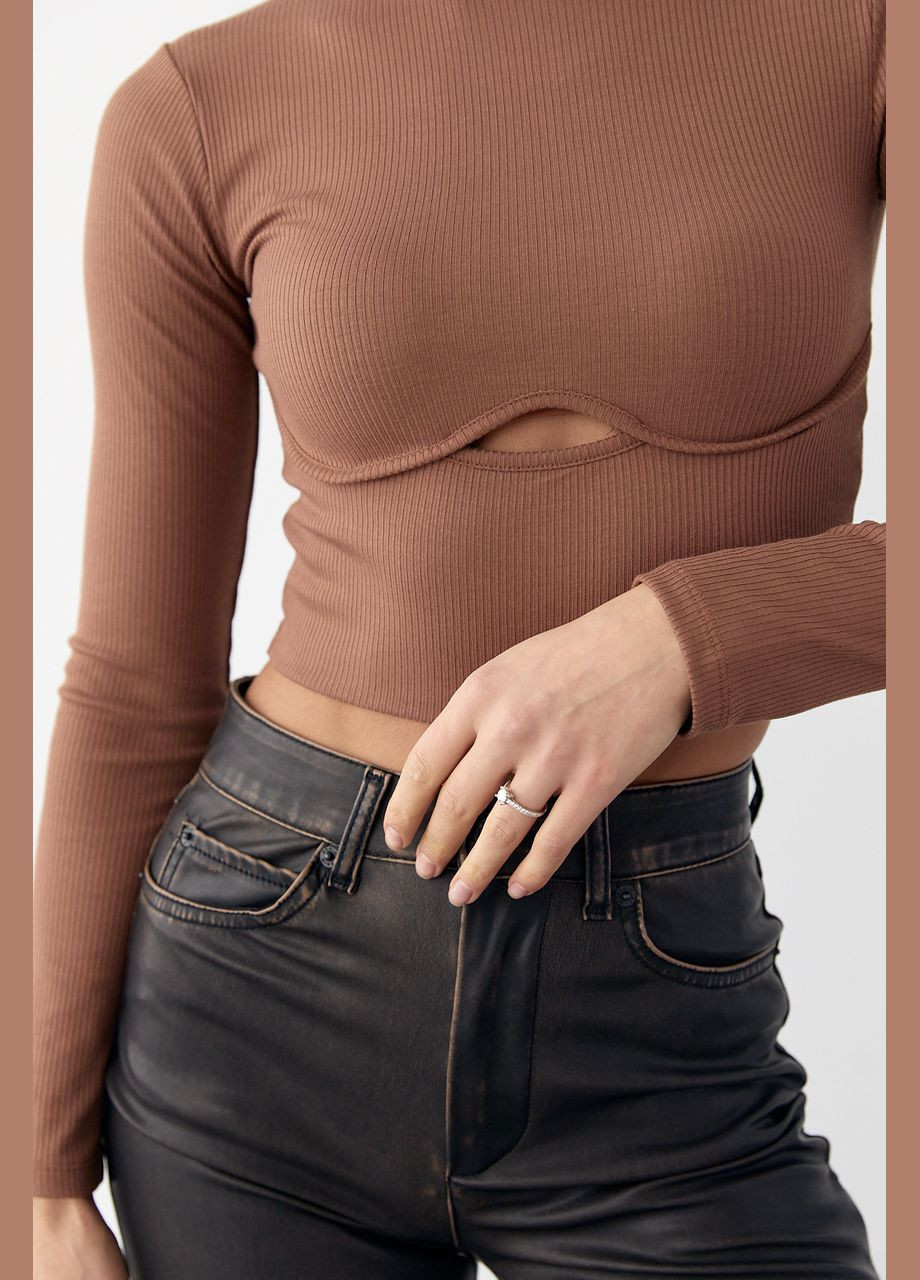 Коричневий демісезонний трикотажний кроп-топ із фігурним швом та вирізом - бежевий колір, l (sku_04590) No Brand