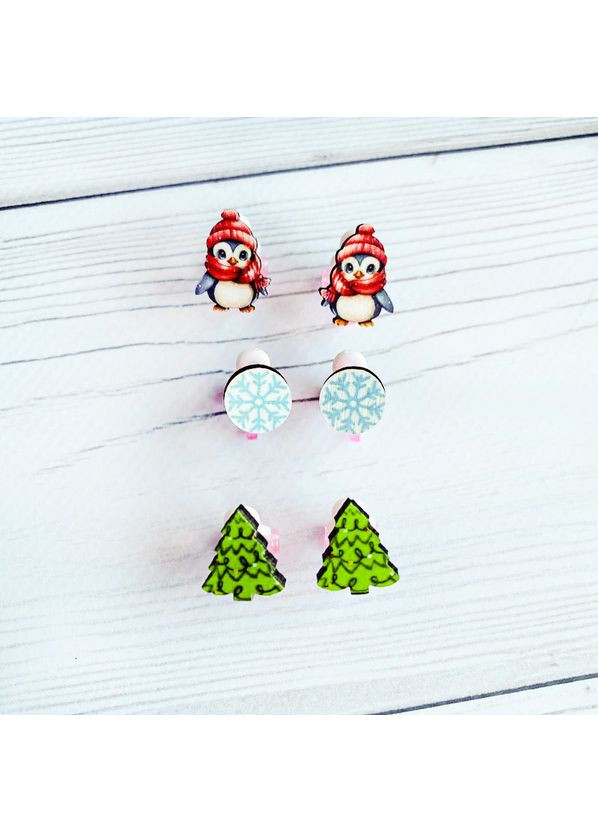 Комплект сережок кліпс Дитячий новорічний набір (пінгвін, сніжинка, ялинка) CASE CONTROL (355404623)