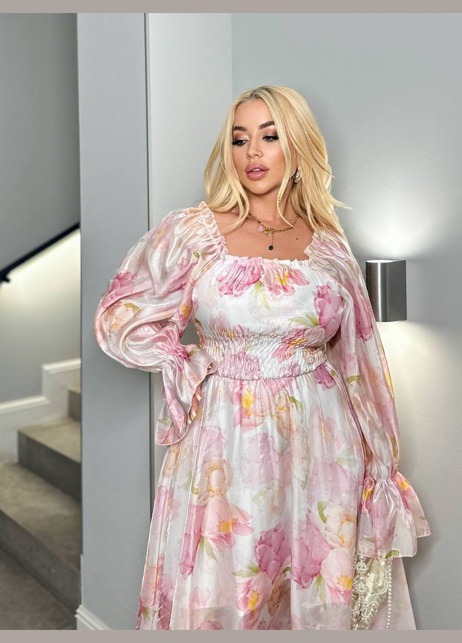 Розовое праздничный, коктейльное, вечернее платье меди из органзы а-силуэт Україна