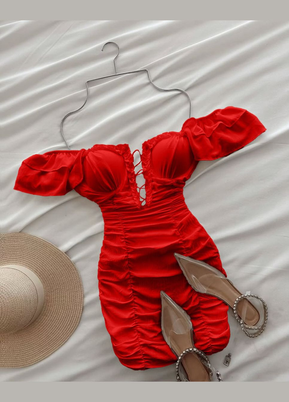 Червона святковий, вечірня жіноча трикотажна сукня з чашечками No Brand