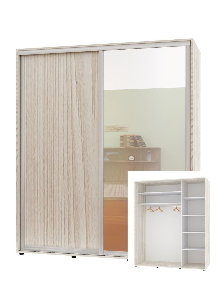 Шкаф-купе двухдверный Комфорт Мебель 200*45*220 см Дуб Беленый ДСП + Зеркало Стандарт Комфорт Меблі (360431733)