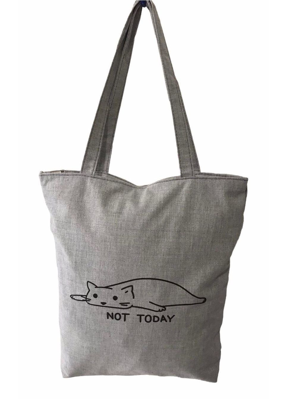 Сумка шопер женская тканевая повседневная с молнией 026 серая ленивый кот No Brand (369661760)