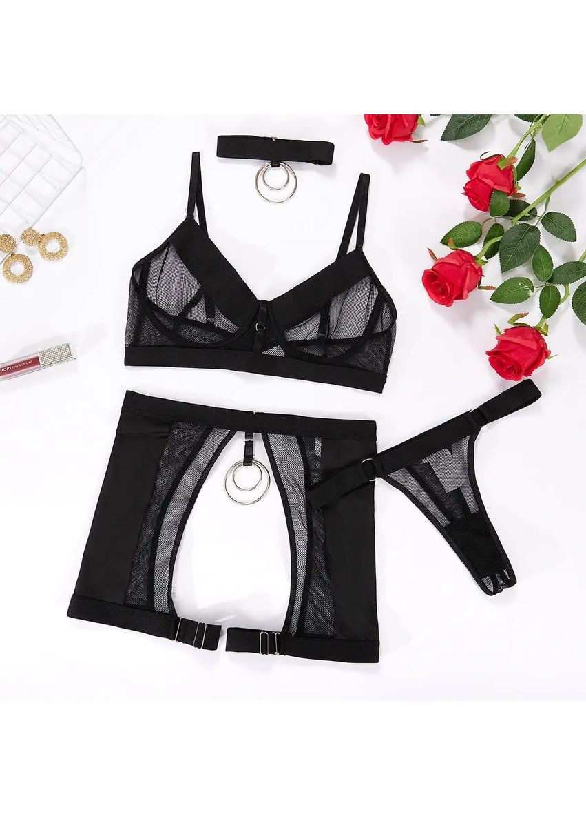 Черный демисезонный кружевной комплект с поясом. красивое качественное женское нижнее белье, сексуальный кружевной комплект с поясом лиф с косточками No Brand