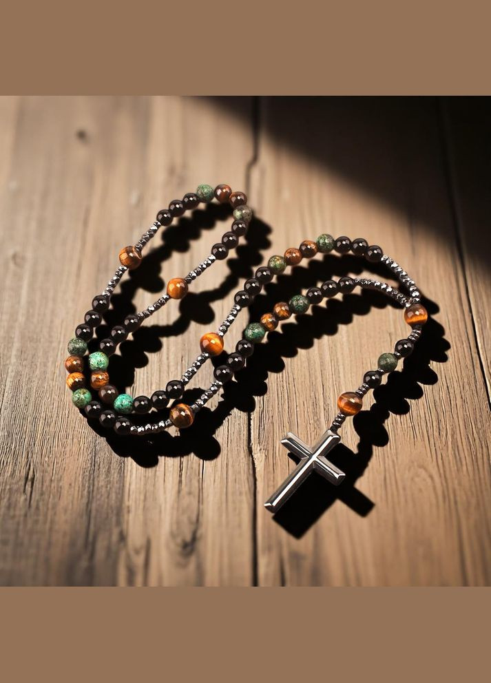 Чотки-підвіска з натурального каміння з хрестиком, 60 см — обсидіан, тигрове око, лазурит No Brand (338379219)