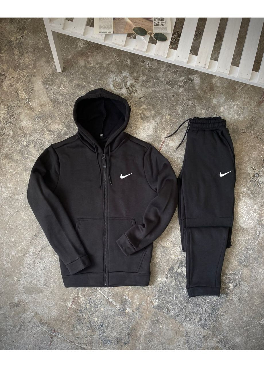 Зимовий спортивний костюм з начосом чорна кофта на змійці + чорні штани Luna (349723140)