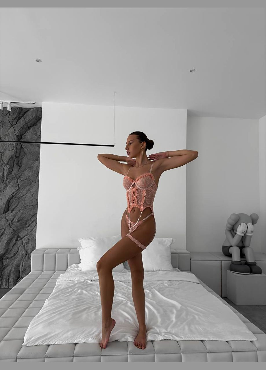 Персиковый демисезонный соблазнительный кружевной комплект No Brand
