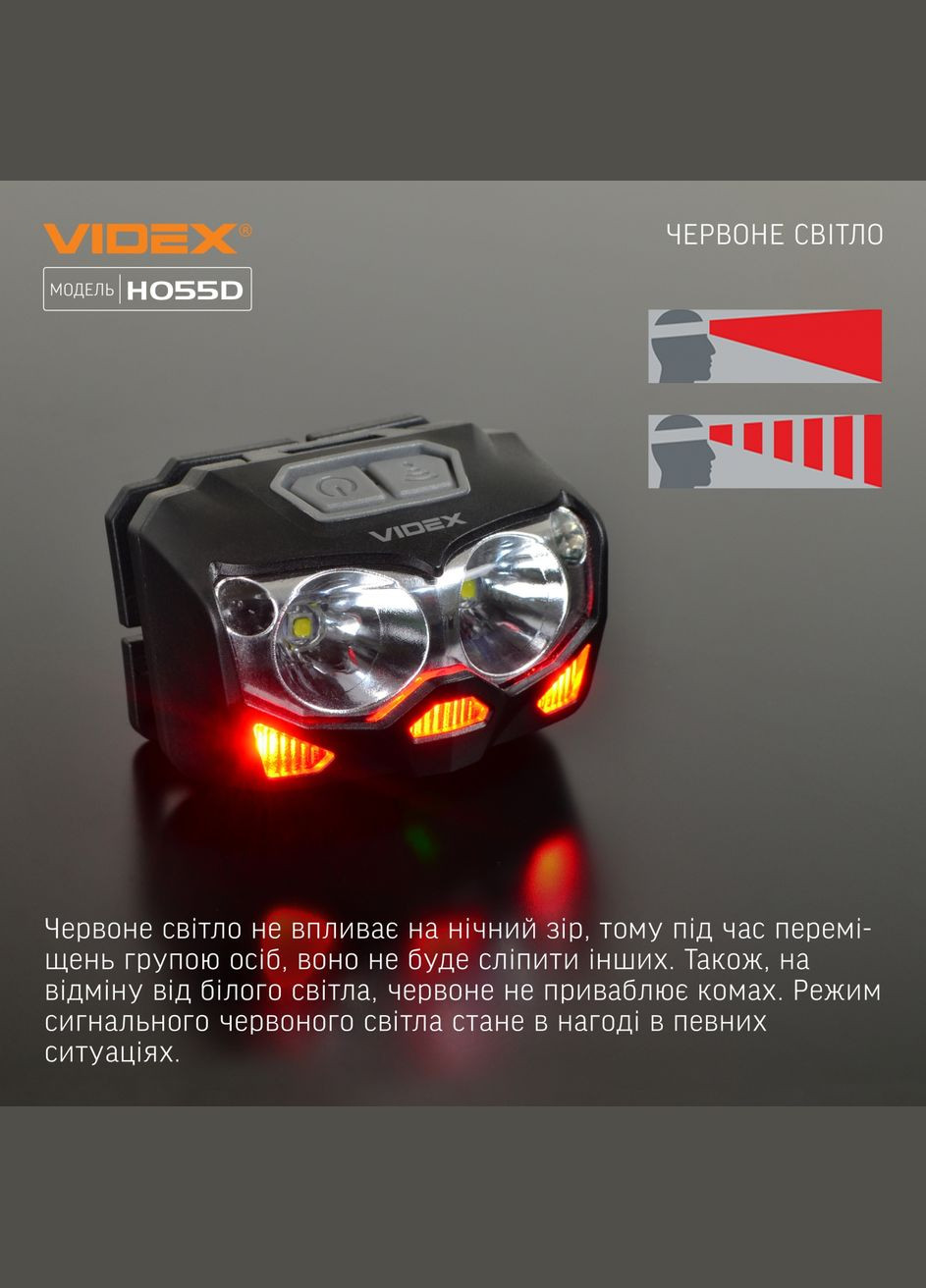Налобний світлодіодний ліхтар VLF-H055D 500Lm, з червоним і білим світлом, 6 режимів роботи, управління жестами Videx (282312764)