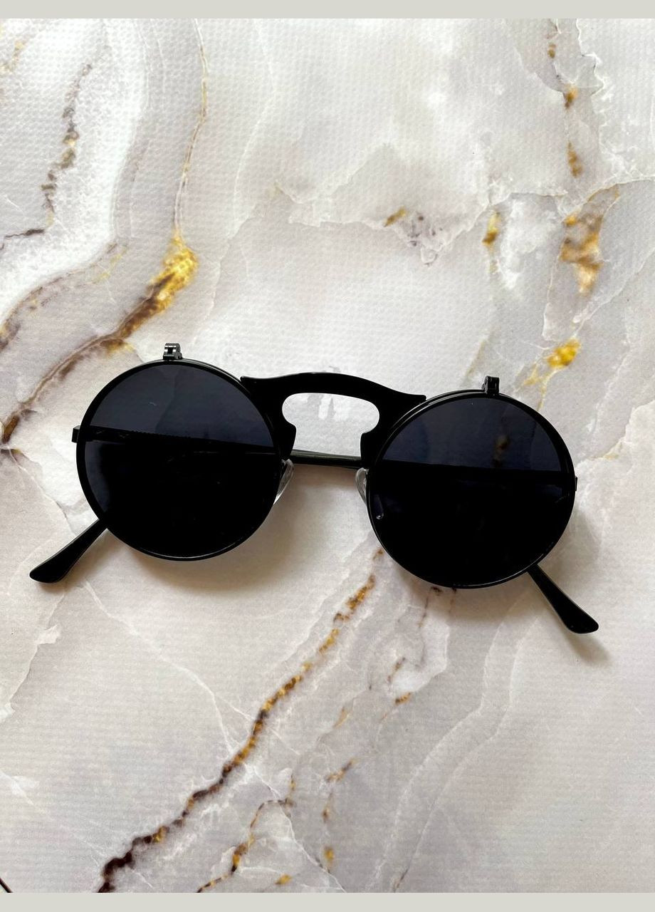 Окуляри з подвійними лінзами іміджеві сонцезахисні круглі у стилі Steampunk чорного кольору унісекс LIGHT (315889596)