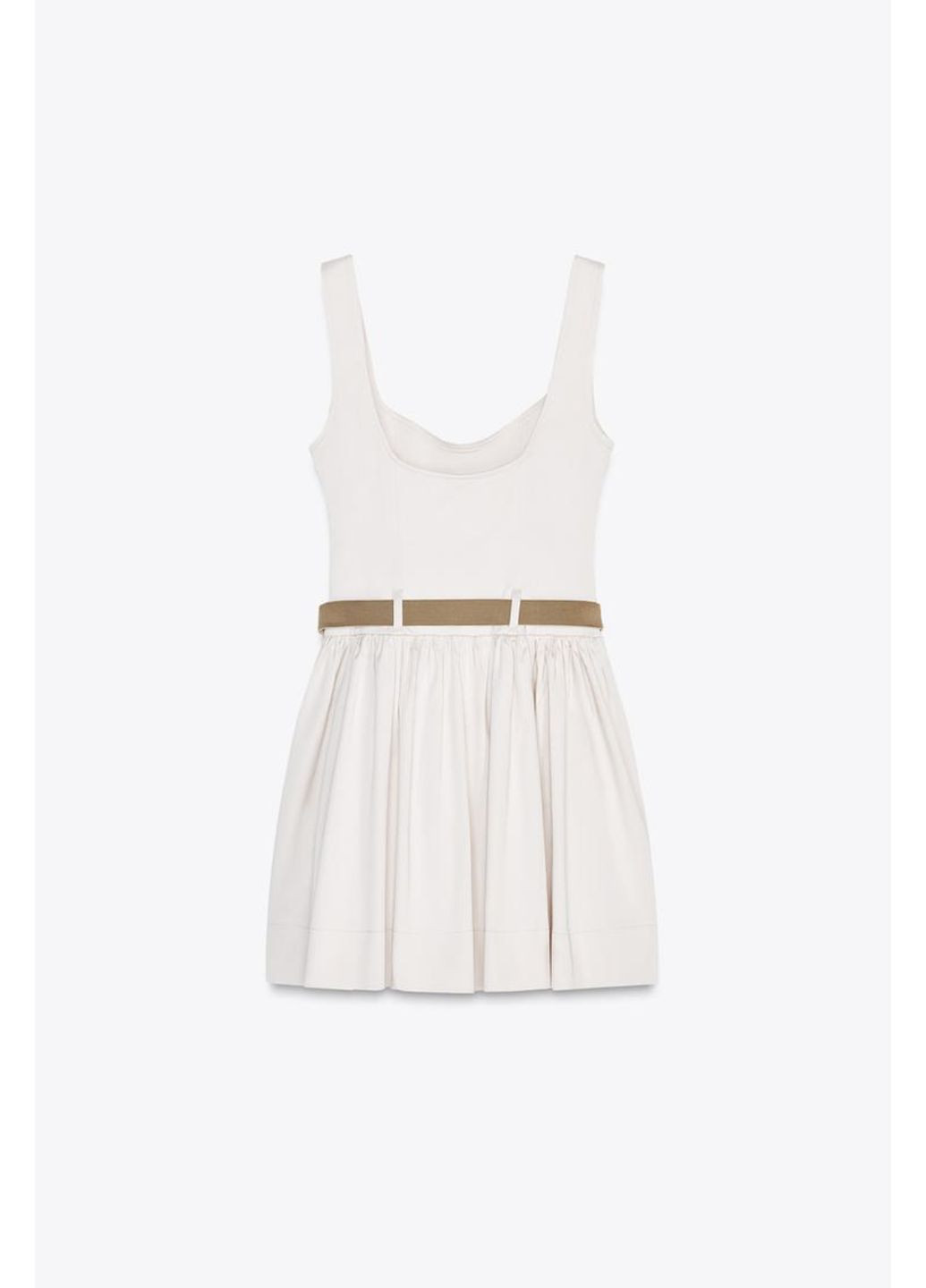 Бежевое праздничный, коктейльное, карнавальный, откровенный, повседневный, кэжуал, вечернее стильное кремовое платье с декольте и поясом с открытыми плечами, а-силуэт, клеш, платье-майка, силуэтная Zara