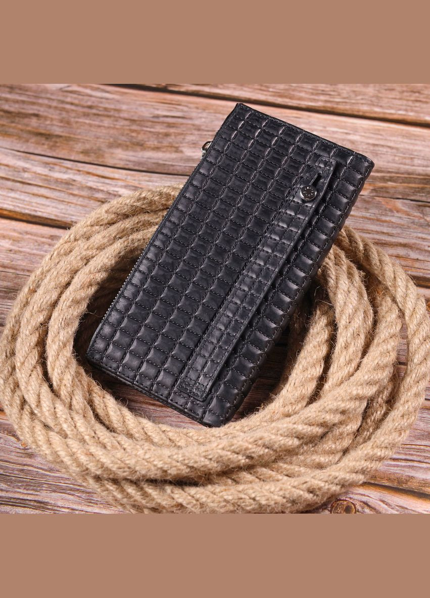 Стеганий вертикальний чоловічий гаманець з натуральної шкіри 21425 Чорний Karya (329149958)