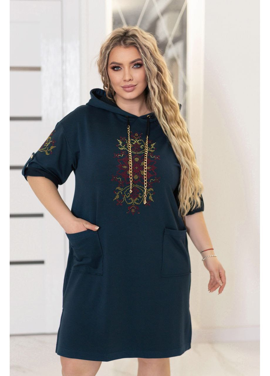 Морської хвилі повсякденний жіноча сукня-худі з капюшоном та стразами No Brand