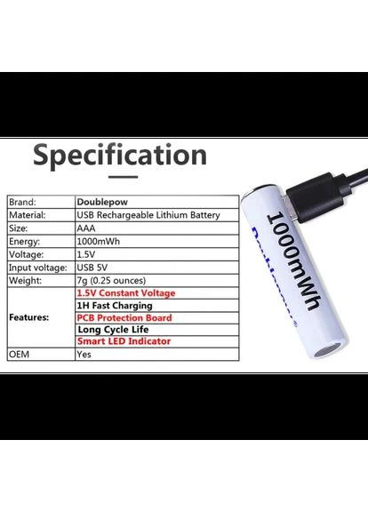 Аккумуляторы DBP-10 AAА 1.5V 1000мАч 2шт. microUSB VHG (360771883)