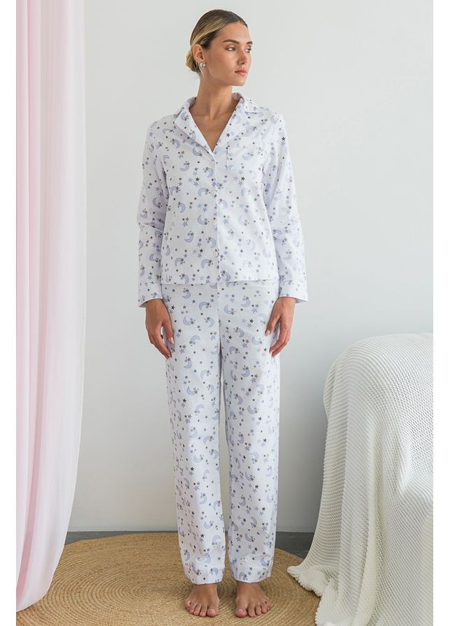 Белая всесезон пижамный костюм из фланели с брюками moon Forly