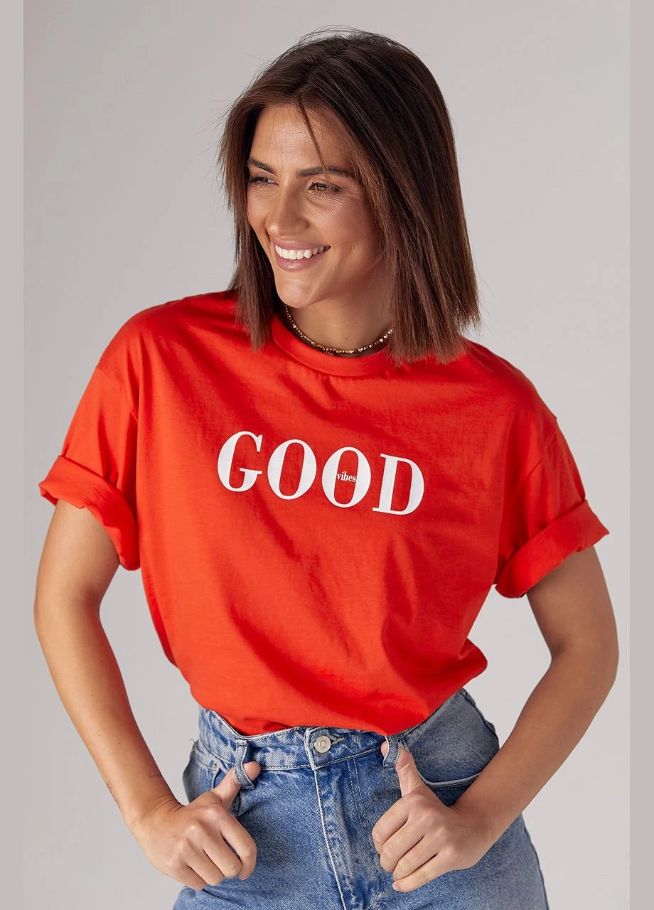 Трикотажна футболка з написом Good vibes 240423 Lurex - (299232498)