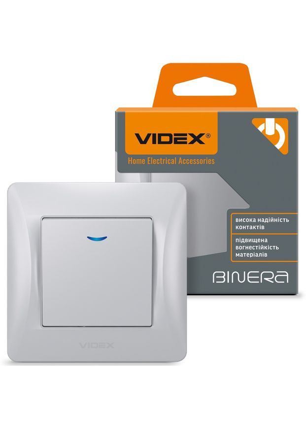 Вимикач 1-клавішний з підвищеною вогнетривкістю і підсвічуванням BINERA VF-BNSW1L-SS сріблястий Videx (282312993)