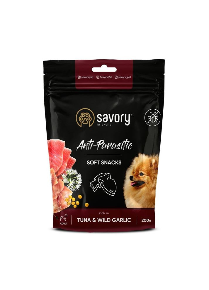Мягкое лакомство с антипаразитарным эффектом для собак, тунец и дикий чеснок, 200 г Savory (355252912)