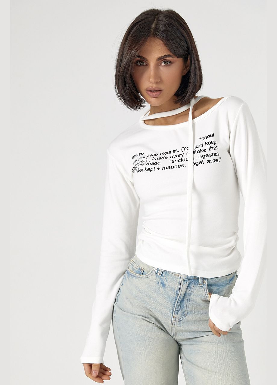 Трикотажный лонгслив на завязках с ассиметричной горловиной - молочный Lurex (324392813)