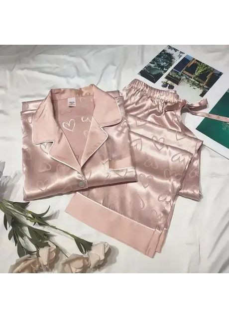 Рожева всесезон атласна жіноча піжама шовкова зі штанами на ризинці, піжамний комплект із серцем, жіноча піжама з атласу сорочка + брюки No Brand Атласна піжама шовкова синя