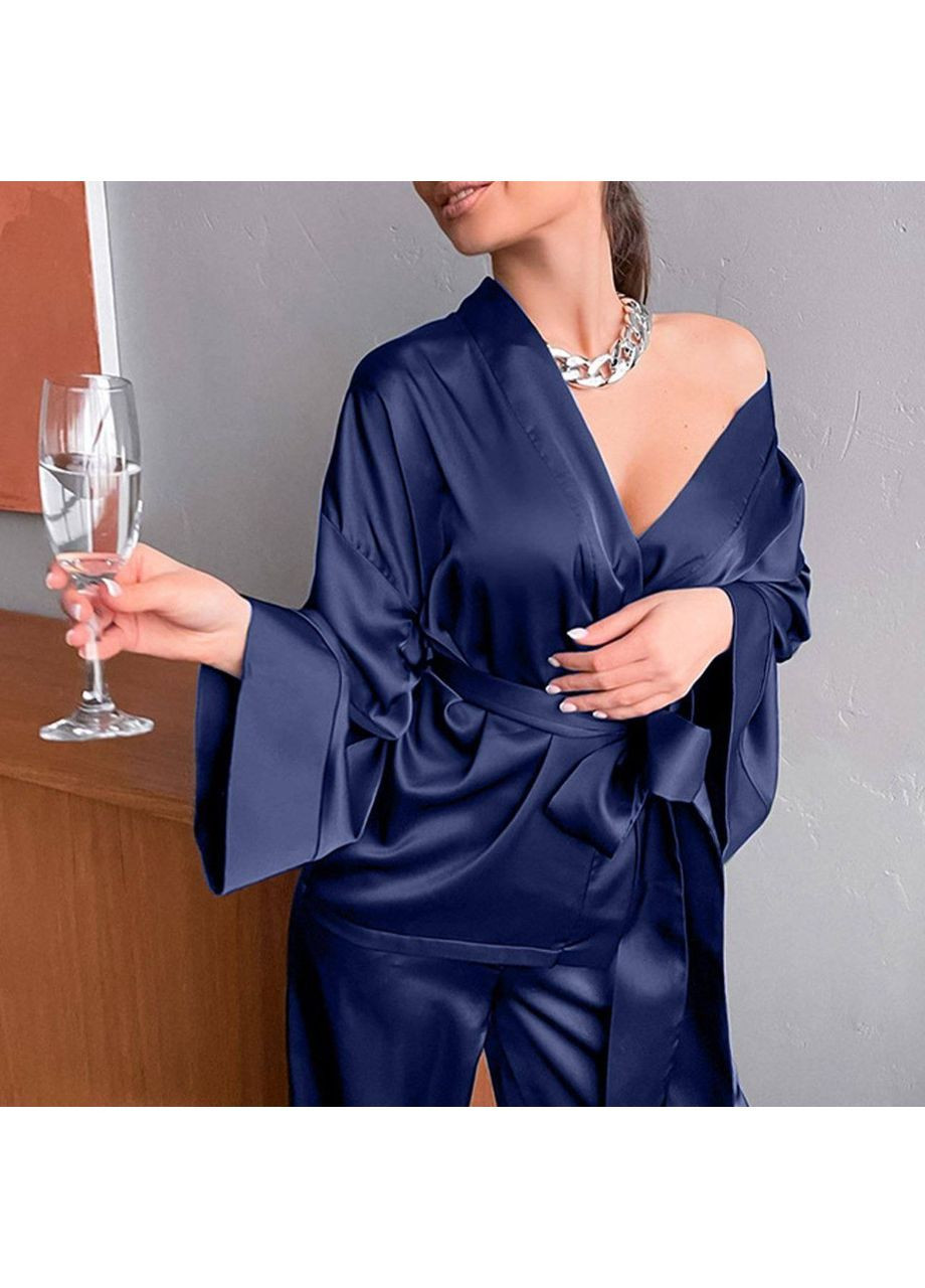 Синя всесезон піжамний жіночий комплект у стилі кімоно сорочка на запах з широкими рукавами та довгі прямі брюки сорочка + брюки No Brand Піжама