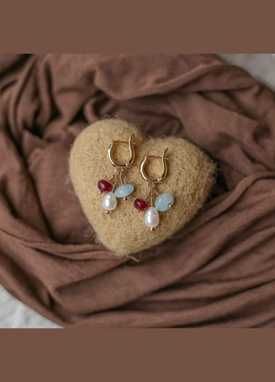 Сережки з натуральним камінням Перли, Аквамарин. Турмалін,L-30мм, фурнітура гіпоалерген сплав колір золото No Brand Підвіски (302678866)