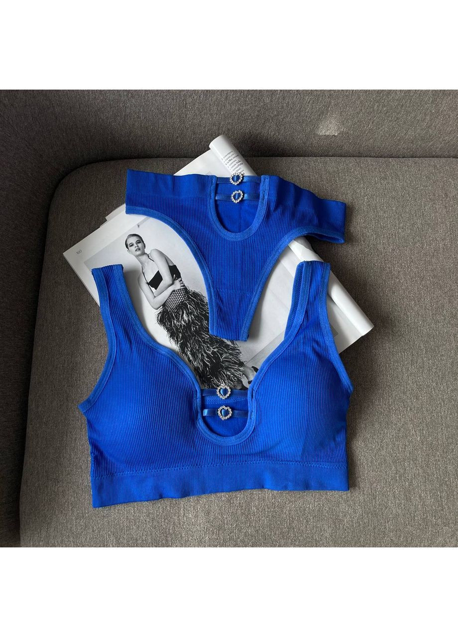 Синій демісезонний жіночий набір білизни в рубчик базовий комплект білизни з акцентними вирізами на топі та трусиках No Brand Білизна жіноча