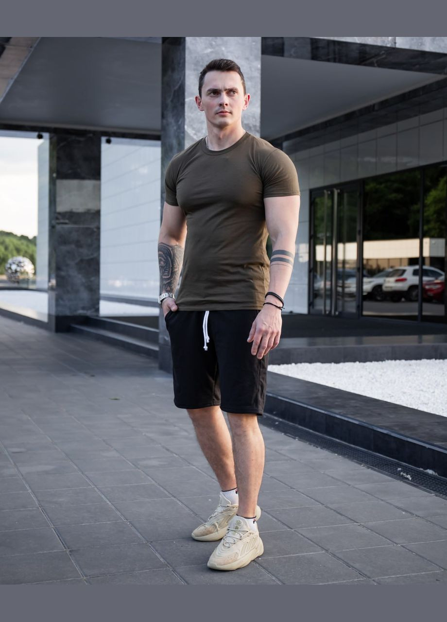 Оливковый (хаки) летний базовый летний хлопковый костюм с шортами Vakko