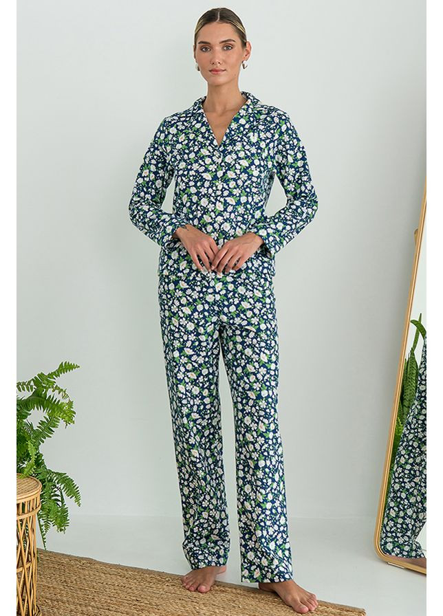 Синя зимня піжамний костюм з фланелі з брюками chamomile Forly