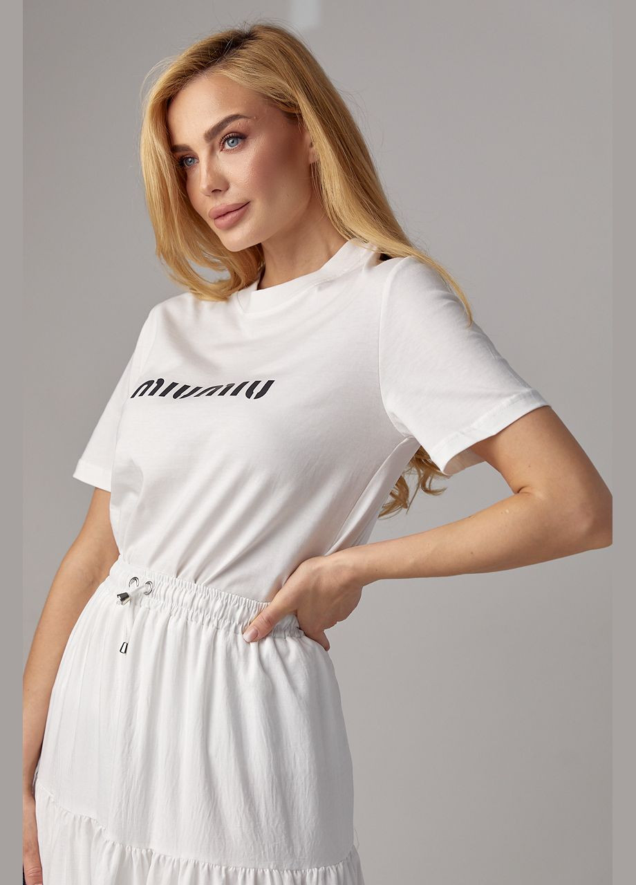 Молочна літня жіноча футболка з написом miu miu - чорний Lurex