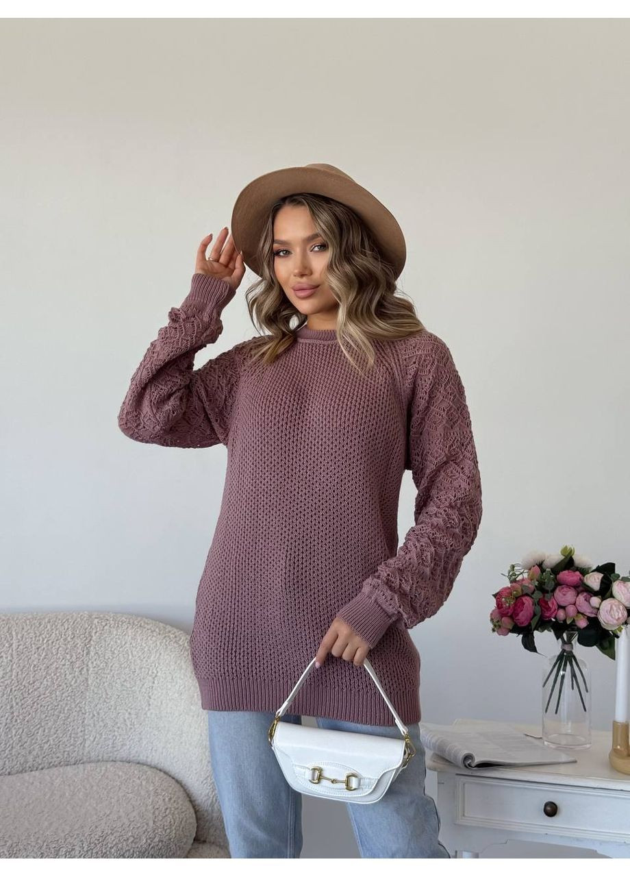 Пудровий демісезонний жіночий светр з ажурними рукавами джемпер No Brand