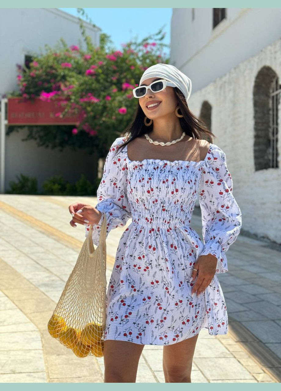 Білий повсякденний жіноча сукня з квітковим принтом з відкритими плечима Україна з квітковим принтом