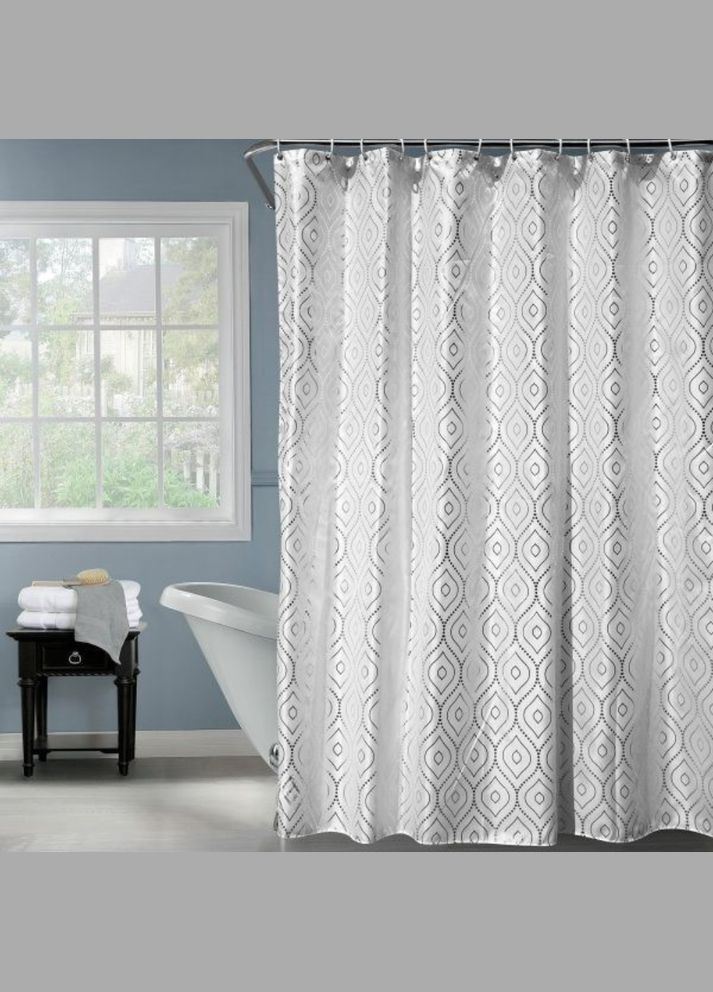 Шторка для ванной и душа 180x180 см, занавеска для ванной с крючками, белая с серебристым узором. No Brand (337342292)