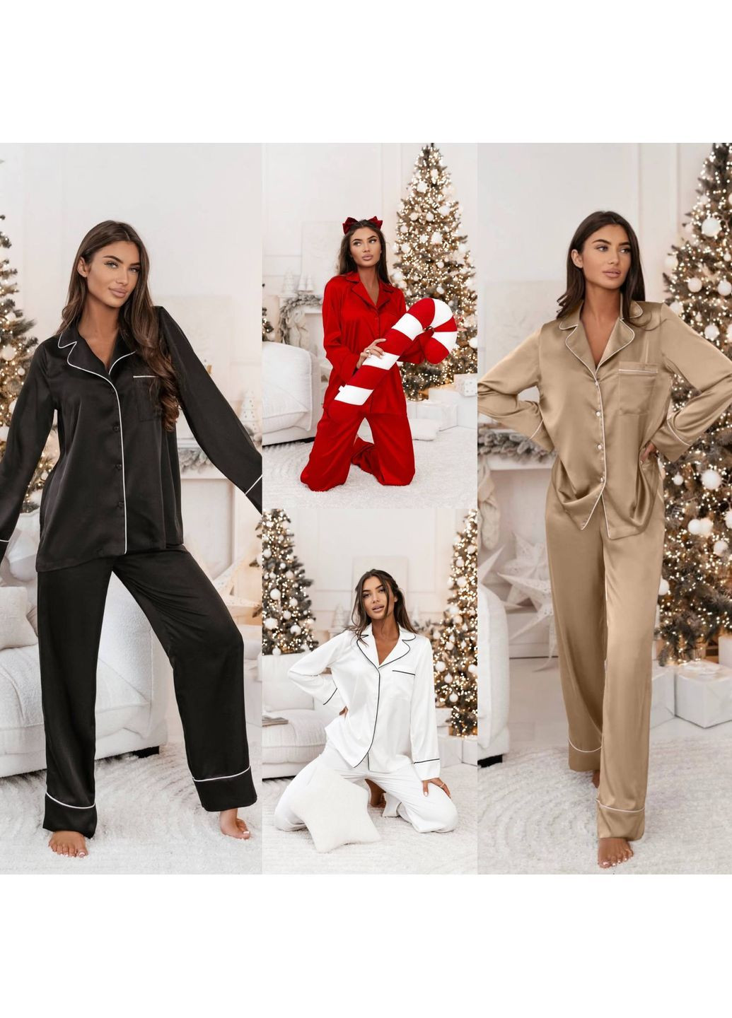 Черная всесезон изысканная сатиновая пижама для комфортного отдыха рубашка + брюки No Brand