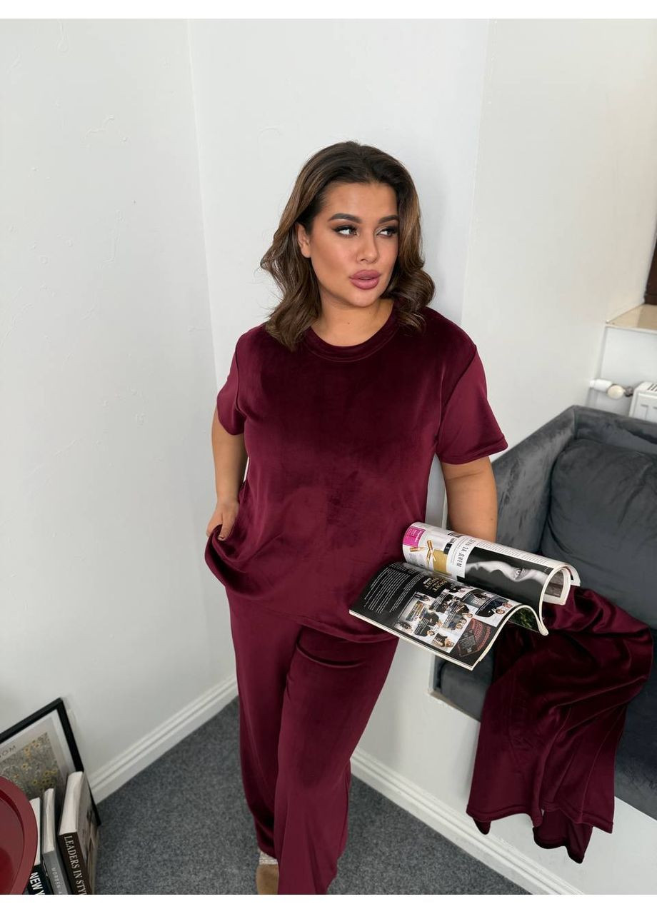 Бордова жіноча велюрова піжама трійка Osoblyva