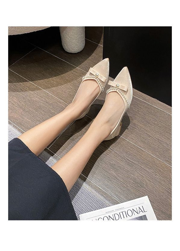 Женские свадебные сатиновые женские балетки с жемчугом для невесты - бежевый цвет | бежевые жемчуг текстиль (322414729)