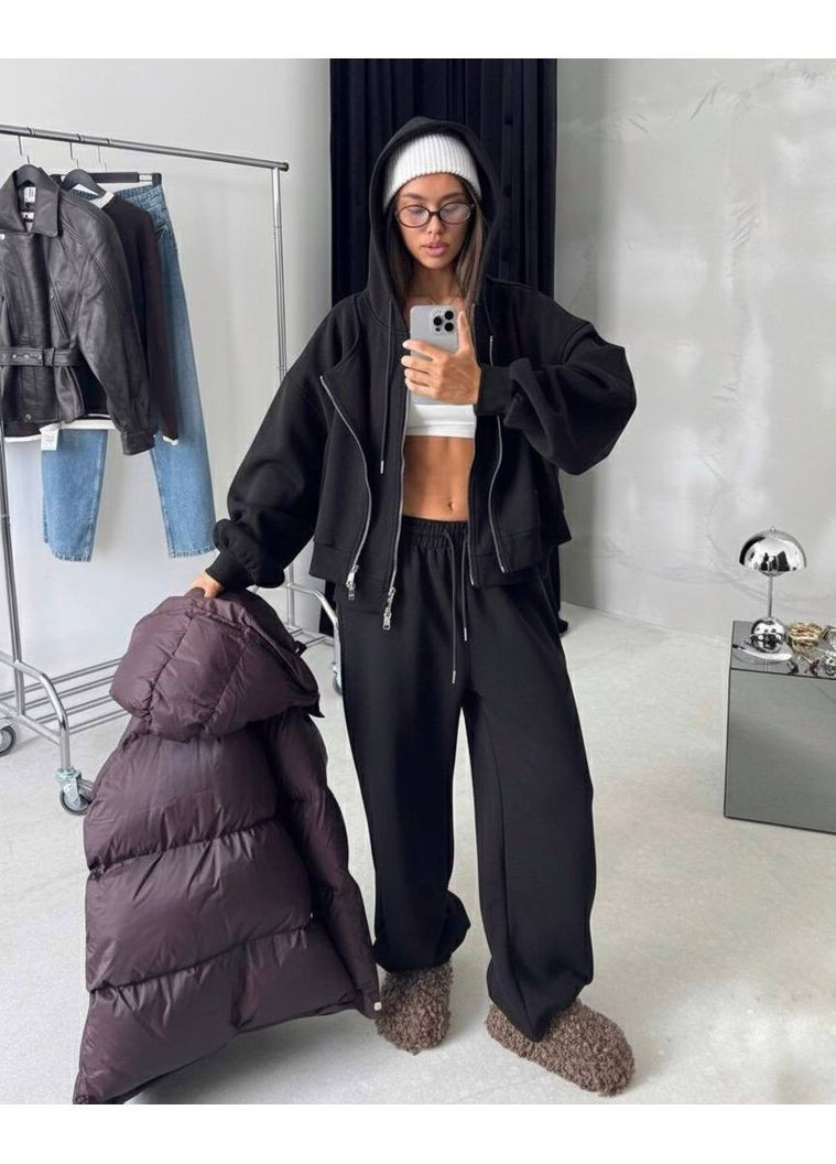 Жіночий спортивний костюм на флісі: худі на подвійній блискавці + штани MonCher (365062076)