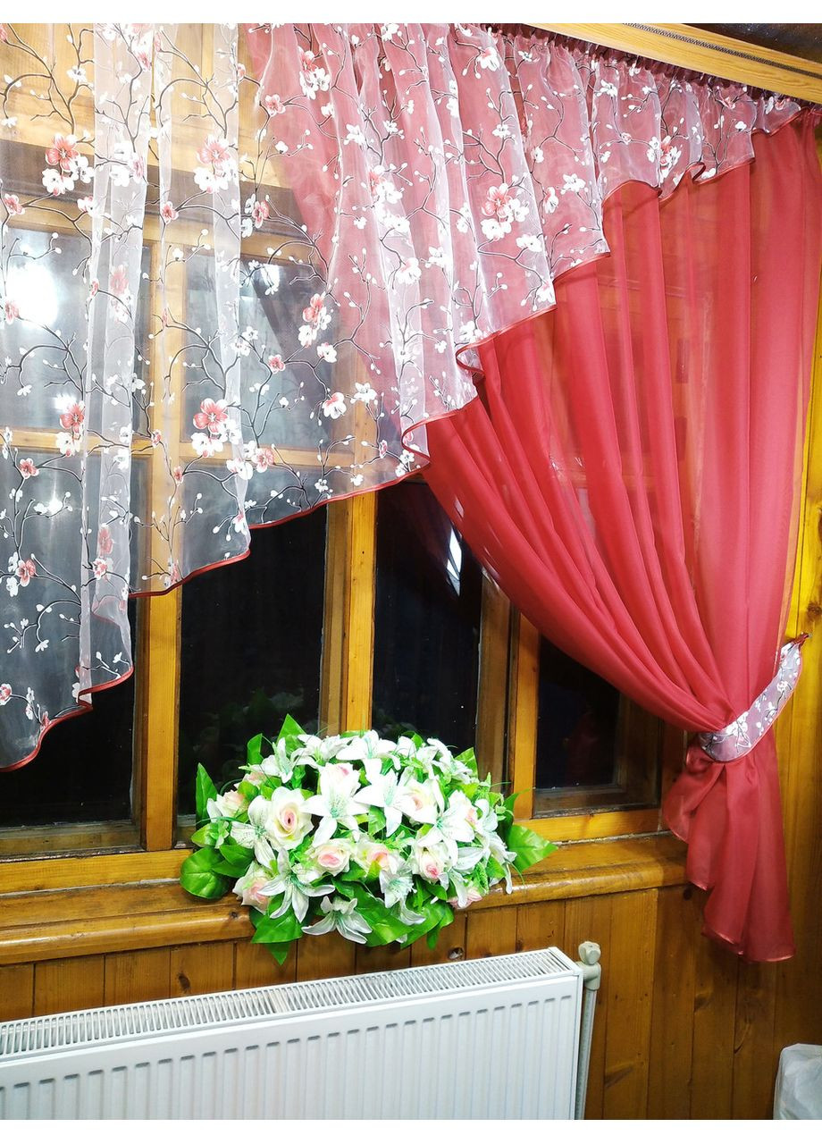 Фіранка коротка готова Анжеліка Бордо сакура права No Brand (372133995)